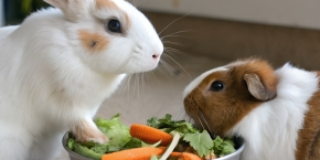 n2p9upfdsj4vtsnrdk6t.png Rabbit and guinea pig eating carrots and green leaves from a silver bowl on the floor